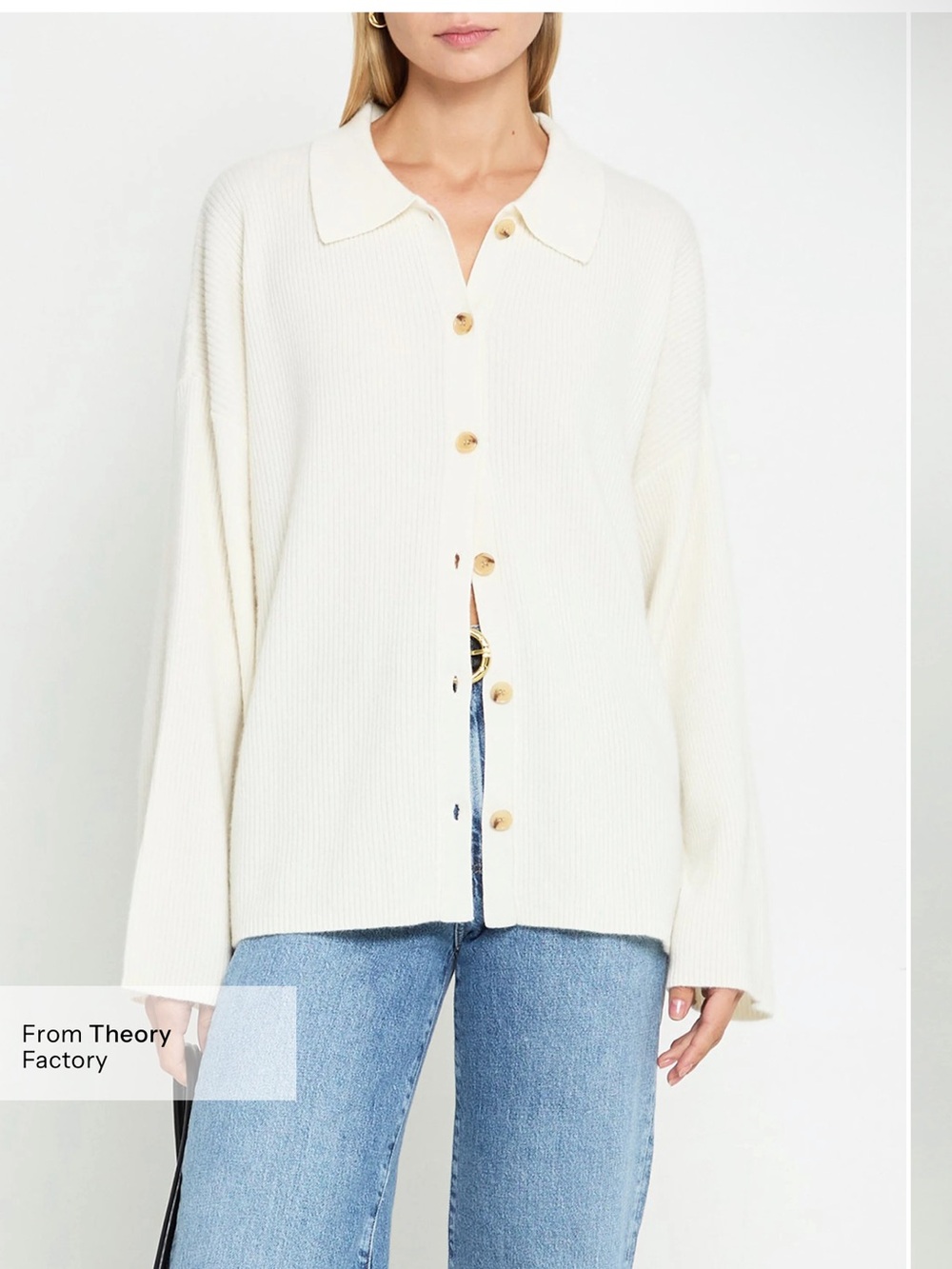 Few moda cashmere Ivory Ribbed Button-Down Polo Cardigan